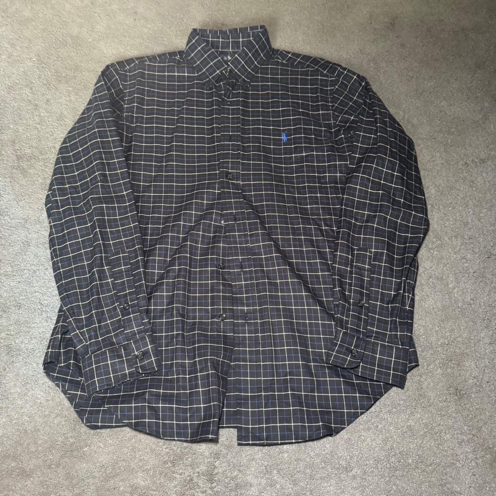 Ralph Lauren Mens Classic Fit Button Down Shirt Medium Black Blue Grid Plaid